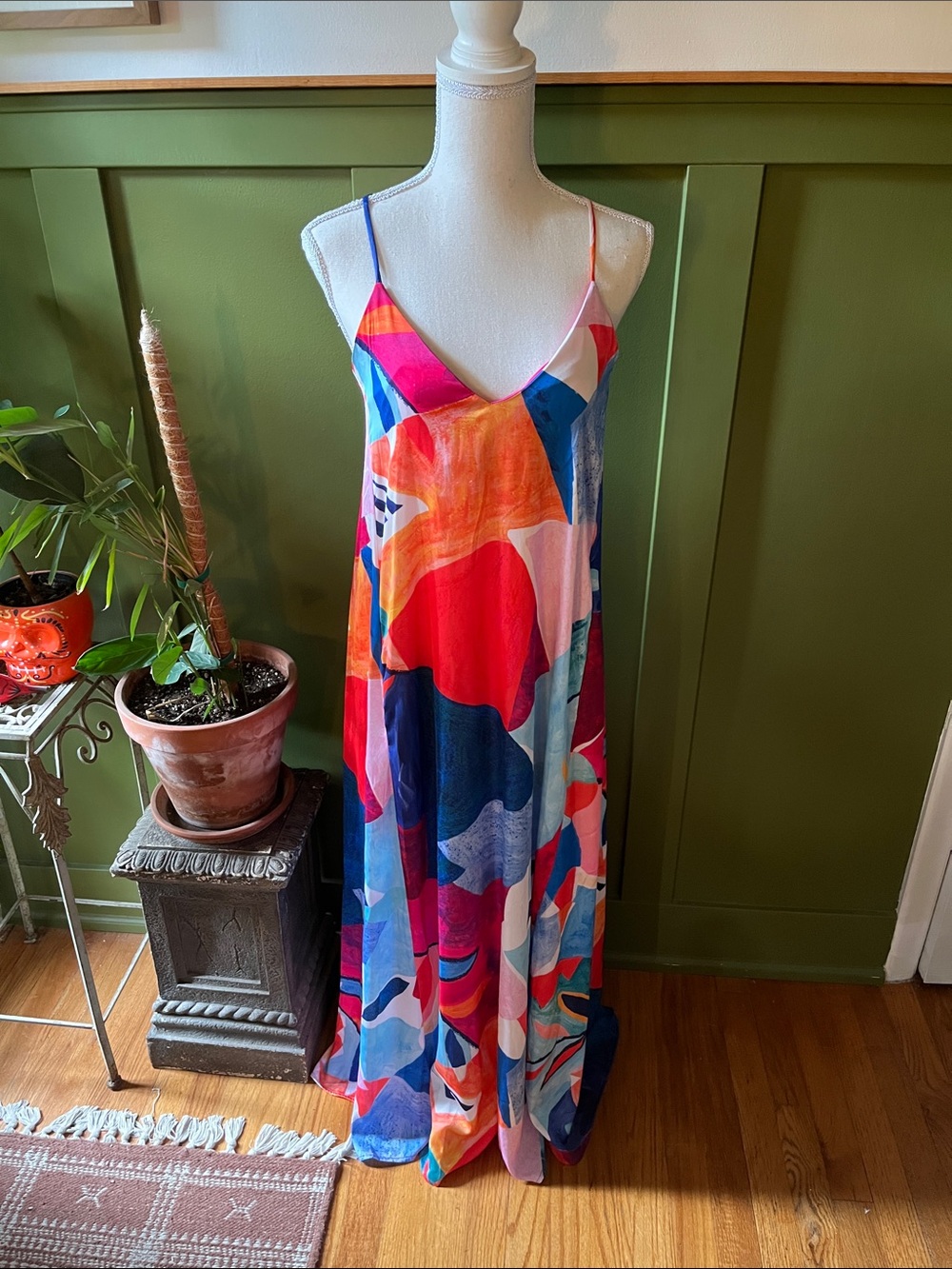 Nicole Miller Colorful Abstract “Picasso” Print Slip Long Maxi Dress Drape Gown